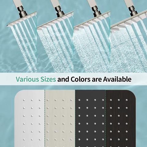 Mega Sized 16 Inch Brushed Nickel Rain Shower Head With 304 Stainless Steel Construction pouring water at different angles