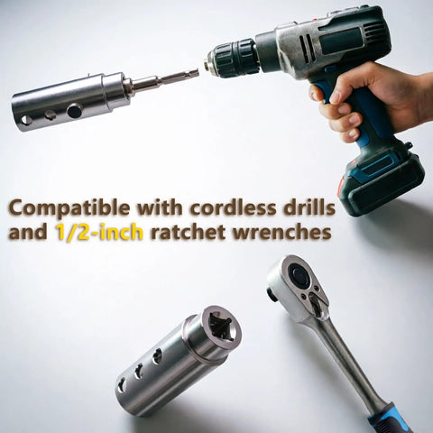 Beefed Up Stainless Steel Trailer Jack Drill Adapter With One Inch Drive Shaft And Half Socket Bit with cordless drill attachment.