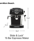 Slide And Lock Espresso Machine With Built In Milk Frother Steam Wand 15 Bar Pump Compact Countertop Coffee Maker front view with dimensions.