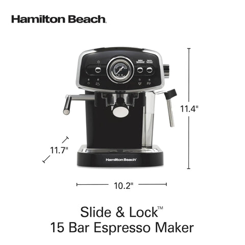 Slide And Lock Espresso Machine With Built In Milk Frother Steam Wand 15 Bar Pump Compact Countertop Coffee Maker front view with dimensions.