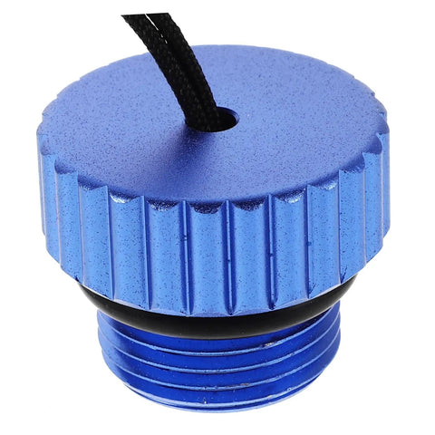 Blue dive tank valve accessory scuba valve protector cap adapter with no tools required for easy quick install shown close-up