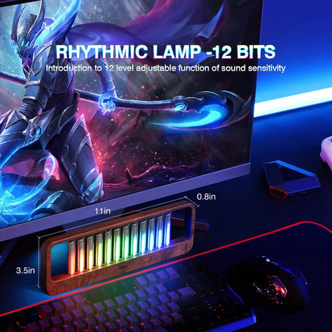 Music Sync LED Light With Spectrum Modes For Desk Use, Rhythm Pulse Ambient Lamp in walnut wood finish on gaming desk