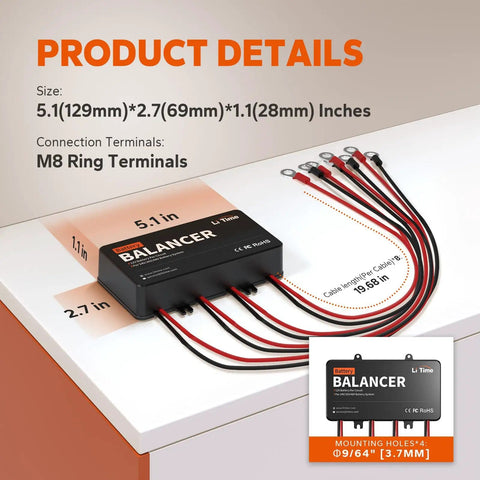 48V Battery Equalizer And Active Balancer For 24V 36V And 48V Banks with dimensions and M8 ring terminals