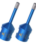 Close-up of two blue vacuum-brazed diamond hole saw bits, 6mm (1/4in) diameter for tile drilling