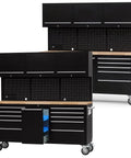 Badass Rolling Tool Chest With Eleven Deep Drawers Plus Three Extra Upper Cabinets Seventy Two Inch Black Steel Workshop Storage Cart.