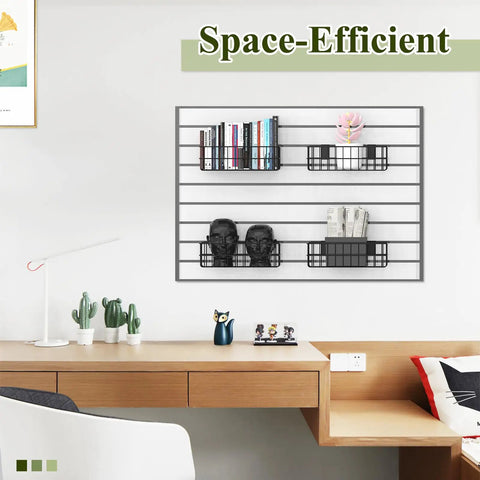 4 Pack Heavy Duty Slatwall Baskets Set For Garage And Shop Organization, metal baskets on slatwall with books and decor items