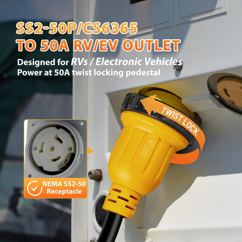 Badass High Grade Heavy Duty SS2 50P To 14 50R 50 Amp Marine Shore Power Adapter Cord For Tesla EV RV Camper Yacht with twist lock feature.