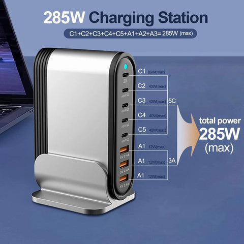Powerhouse 8 Port USB C Fast Charger Dock With 285W Output shown with charging capabilities and total power display.