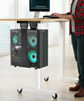 Heavy Duty Under Desk PC Mount With Adjustable Computer Tower Stand showcases a sleek setup with a black PC tower and glowing fans.