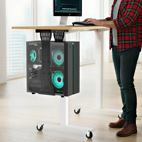 Heavy Duty Under Desk PC Mount With Adjustable Computer Tower Stand showcases a sleek setup with a black PC tower and glowing fans.