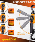 Front view of orange mini lever block chain hoist with hook and chain, 1/2 ton capacity