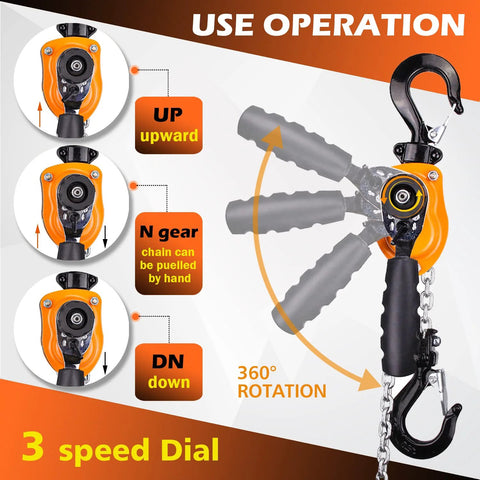 Front view of orange mini lever block chain hoist with hook and chain, 1/2 ton capacity
