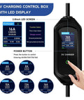 On The Go Portable EV Charger With Type 2 And GBT Plugs Delivers 3.6KW Quick Charge Seamless WiFi App Control showing LED display for settings.