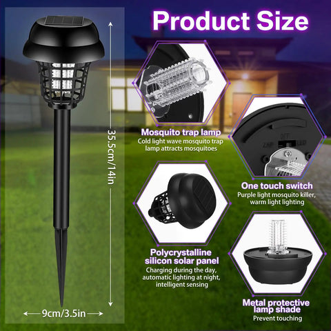 4 Pack Solar Bug Zappers Outdoor Mosquito Killer Lights Waterproof No Outlet Needed Garden Patio Porch Indoor Outdoor Use Safe Solar Powered Bug Repellent Lamp Set with product size and features highlighted.