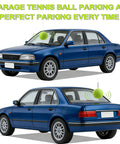 Garage parking aid (2-pack) with tennis ball; front and rear views of blue sedan