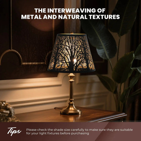 Barrel Metal Lampshade With Trees Pattern, Spider Fitter, Fits Table Or Floor Lamps, 6 Inch Top Diameter, 10 Inch Bottom Diameter.