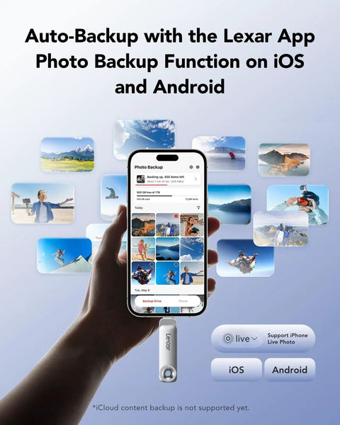 Dual USB C And USB A Flash Drive 128GB backup feature with Lexar app shown on smartphone with photo thumbnails.