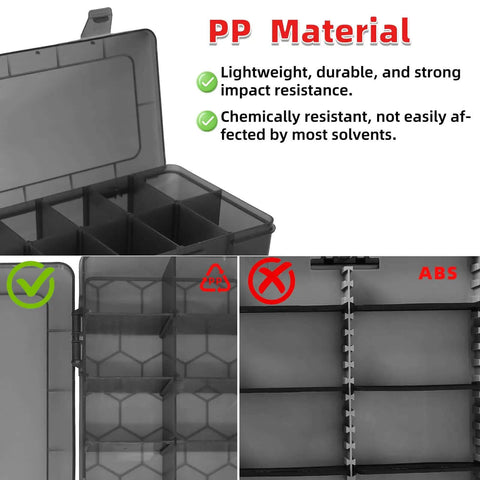 Clear Small Parts Organizer Box With 4 By 12 Compartments, Removable Dividers, showing PP material durability benefits