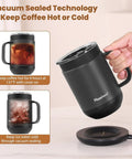 Top Shelf Self Heating Coffee Mug With Precise One Degree Temperature Control Smart Cup, black mug with lid, hot and cold beverage use.