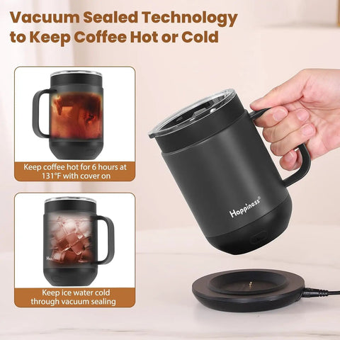 Top Shelf Self Heating Coffee Mug With Precise One Degree Temperature Control Smart Cup, black mug with lid, hot and cold beverage use.