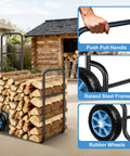 Heavy Duty Firewood Log Cart Carrier With Pneumatic Rubber Wheels, 250 Lb Load Capacity, shown hauling logs outdoors