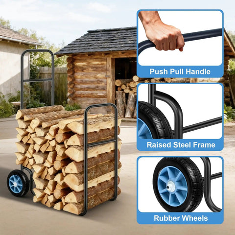 Heavy Duty Firewood Log Cart Carrier With Pneumatic Rubber Wheels, 250 Lb Load Capacity, shown hauling logs outdoors
