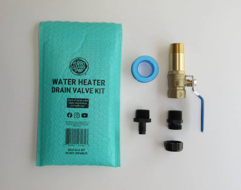 Three Quarters Inch Full Port Water Heater Drain Valve Kit With Fast Flush Upgrade For Turbo Tank Cleaner Tool No More Pulling Valve Universal Fit 19mm Bore Clears Sediment Quickly Lets You Screw In Cleaner Directly Extends Tank Life components and packaging shown.