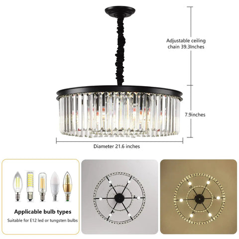 Modern Crystal Pendant Chandelier Two Tier Black Metal And Crystal Fixture with dimensions and bulb types shown