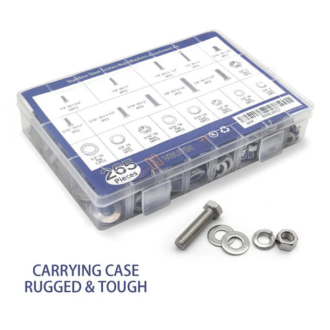 Heavy Duty Carbon Steel Nuts And Bolts Kit 265 Piece Assortment For Home And Workshop, package with hardware contents visible