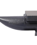 Close-up view of single horn on heavy duty cast iron anvil with stable base for blacksmiths, pro grade tool with high hardness 200HB.