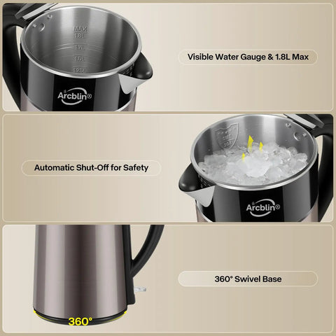 1.8L Electric Kettle With Double Wall Insulation For Safe Touch 1350W Fast Boil 304 Stainless Interior shown open with features