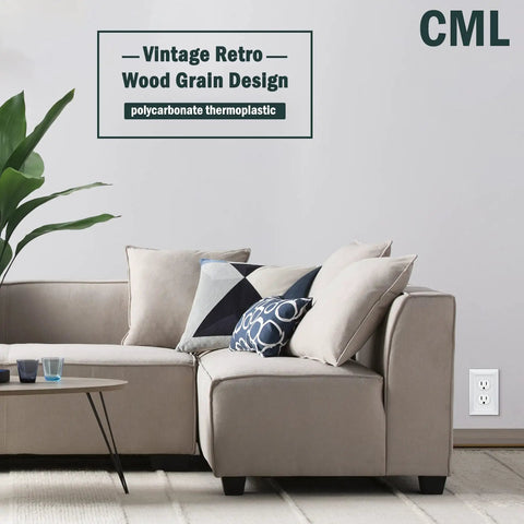 Living room with Vintage Wood Grain Beadboard Wall Plate 1 Gang Duplex Outlet Covers White on wall near sofa.
