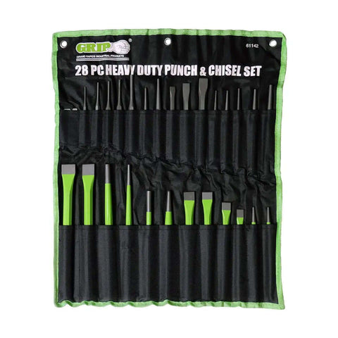 28 Piece Heavy Duty Punch And Chisel Set In Roll Up Vinyl Pouch With CRV Steel Construction Includes Taper Punches