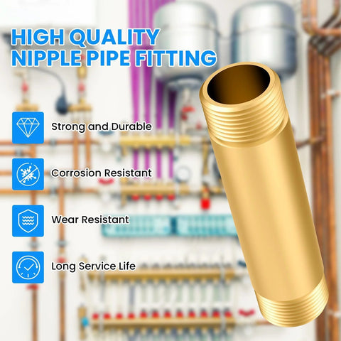 Brass pipe nipple, 4-inch long, 3/4 NPT male to 3/4 NPT male, close-up view
