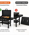 Comparison of grilling with Premium Steel Hinge And Handle Kit Converts Removable Lids To Flip Up Covers compatible with outdoor griddles.