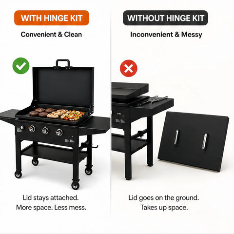 Comparison of grilling with Premium Steel Hinge And Handle Kit Converts Removable Lids To Flip Up Covers compatible with outdoor griddles.