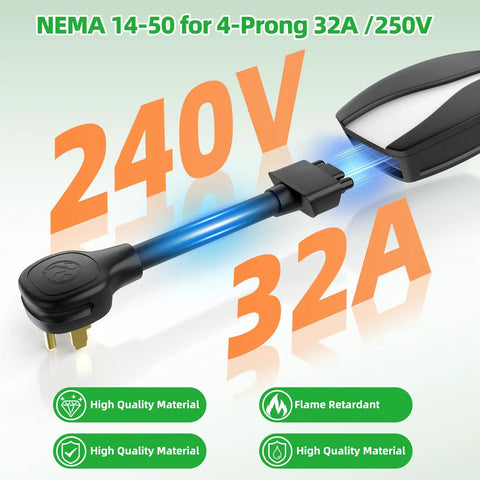 Slick Plug And Play Nema 14 50 Adapter For Tesla Gen 2 Mobile Connector with 11 inch heavy duty cord, 240V, 32A.
