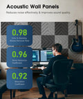 Top Shelf Self Adhesive Sound Proof Foam Panels For Walls Premium Acoustic Treatment For Podcast Rooms And Home Studios 12 Pack on wall with soundproofing labels.