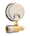 Side view of Glycerin Filled Two And A Half Inch Pressure Washer Gauge Kit Pro Grade with brass connectors, anti-vibration design.