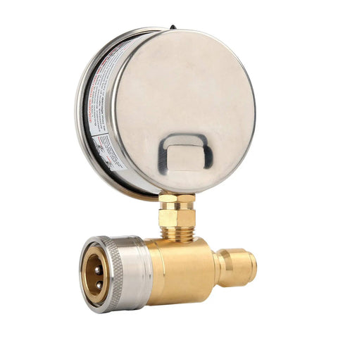 Side view of Glycerin Filled Two And A Half Inch Pressure Washer Gauge Kit Pro Grade with brass connectors, anti-vibration design.
