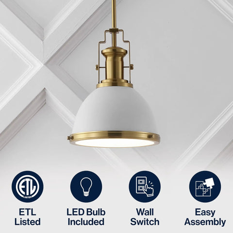 Brass Gold Modern Industrial 10 Inch Pendant Light With White Dome Shade Slick Look for Kitchen Island or Entryway, close-up