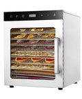 Top Shelf 800W LED Freeze Dryer With 12 Stainless Steel Trays, showing various dehydrated fruits in a stainless steel cabinet.