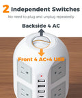Ultra Slim 10 Foot Power Strip Tower With Eight Widely Spaced Outlets And Four USB Ports to Juice Up Every Device Without Any Adapter Blocker, showing two independent switches.