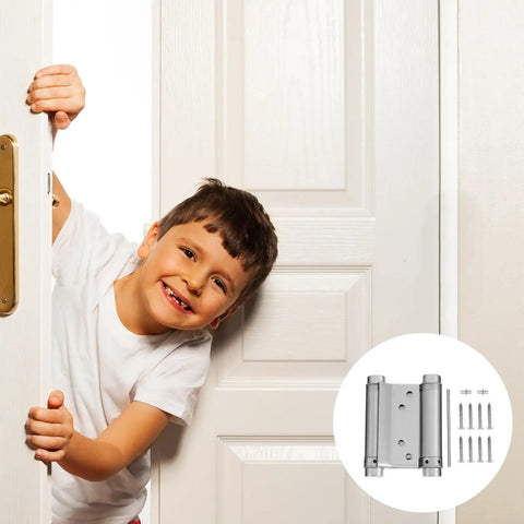 Child by door with Automatic Two Way Door Spring Hinge With Adjustable Self Rebounding Action And Heavy Duty Steel Construction Inset