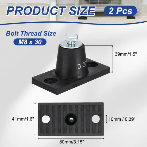 Heavy Duty Anti Vibration Rubber Mounting Brackets For Mini Split AC Condensers 20kg Load Bearing Two Pack Shock Absorbers 3.15 x 1.6 x 1.5 Inches M8 x 30 Bolt With 10mm Holes showing product size and dimensions