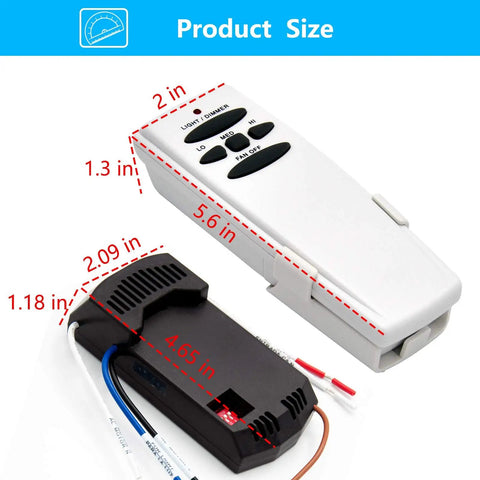 Ceiling Fan Remote Control Kit With Receiver And 3 Speed Light Dimmer size dimensions shown for 110V compatibility