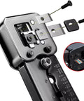 Close-up of Pass Through Ethernet Crimp Tool Kit for Cat5 Cat5e Cat6 Cables, showing blade mechanism and RJ45 connector insertion.