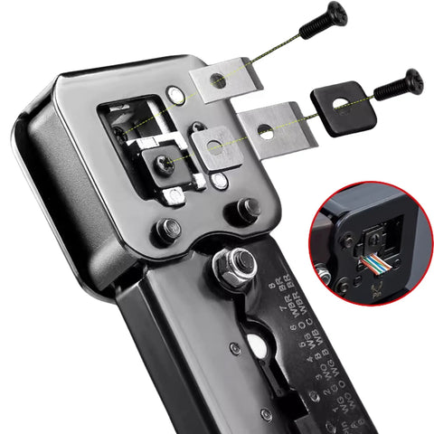 Close-up of Pass Through Ethernet Crimp Tool Kit for Cat5 Cat5e Cat6 Cables, showing blade mechanism and RJ45 connector insertion.