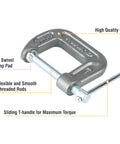 Heavy Duty C Clamp For Home, Garage, And Shop Use, Steel Construction with flex swivel clamp pad and sliding T-handle