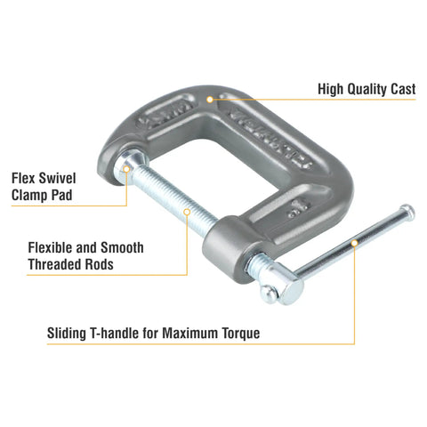 Heavy Duty C Clamp For Home, Garage, And Shop Use, Steel Construction with flex swivel clamp pad and sliding T-handle